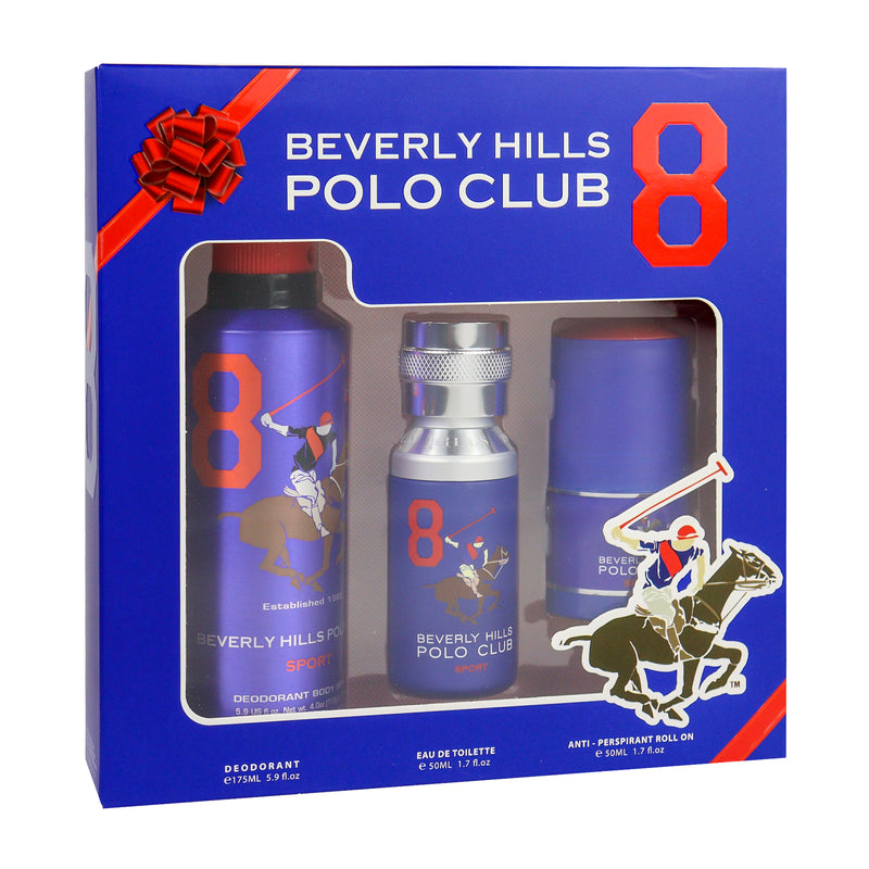 Polo Club Sport No.8, Gift Set for Men - Sport Deodorant 175ML + EDT 50ML + Antiperspirant Roll On 50ML
