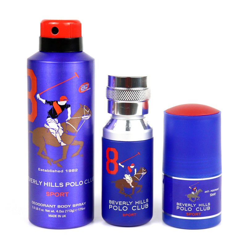 Polo Club Sport No.8, Gift Set for Men - Sport Deodorant 175ML + EDT 50ML + Antiperspirant Roll On 50ML