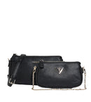 A black GUESS crossbody bag with a matching zip-around pouch, both featuring textured leather and silver-tone chain details, set against a light gray background.
