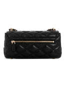 A black quilted leather handbag with a gold-tone zipper and chain strap, shown against a plain white background.