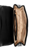 Open black Guess clutch bag showing a beige branded interior lining with multiple pockets and a zipper compartment.