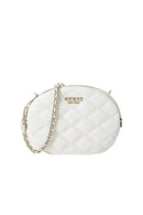 A white quilted oval crossbody bag by GUESS with a gold-tone chain strap and a gold 'GUESS NEW YORK' logo on the front, set against a plain white background.