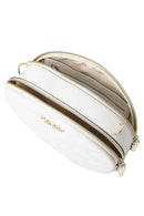 A white quilted leather cosmetic pouch with gold-tone hardware, shown open to reveal its interior compartments and a beige lining. The brand name 'Kate Spade New York' is visible in gold lettering on the front.
