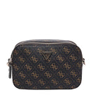 A Prada camera bag in black coated canvas with the signature gold-tone GG monogram pattern and a central gold-tone triangular logo plaque, shown against a plain white background.