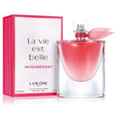 uxury Fragrance LLancome La Vie Est Belle Intensement EDP 100ml perfume bottle with pink liquid, alongside its packaging box and a pink ribbon In The UAE. | Xpressions.ae
