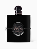 A black rectangular perfume bottle with a glossy finish, featuring a circular black label with gold glittery text that reads 'BLACK OPIMUM MINNIVALENTE'. The bottle is centered against a clean white background.