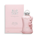 A pink perfume bottle with a silver cap and pink tassel next to its matching pink box, labeled Parfums de Marly Delina Exclusif Eau de Parfum. | Xpressions.ae