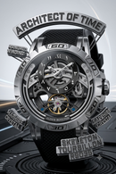A close-up studio shot of a skeleton wristwatch with a black textured strap, silver-toned case, and exposed inner mechanics. The dial shows a tourbillon and the text 'ALDEN ROYSTON' is visible near the bottom of the watch face.