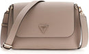 A taupe pebbled leather crossbody handbag by Guess, featuring a triangular metal logo plaque on the front flap and a matching adjustable shoulder strap.