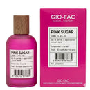 A bottle of GIO-FAC Aroma Factory Pink Sugar designer perfume next to its bright pink packaging box, featuring a pink body, a wooden cap, and a white label with black text.