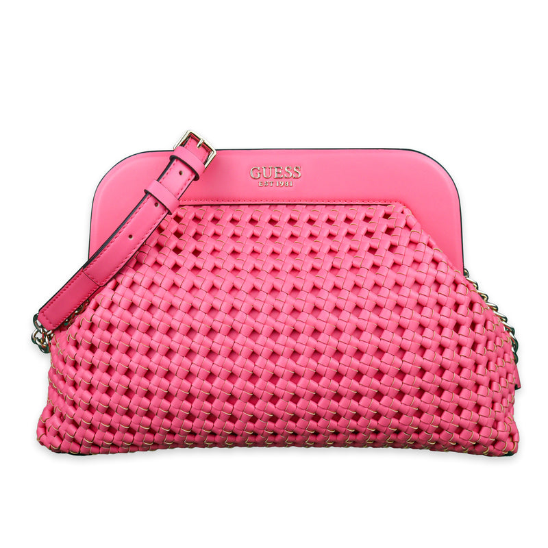 Guess Sicilia Shoulder Large Frame Clutch Bright Pink Handbag Convertible Strap