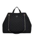 A black quilted leather handbag with silver chain straps and a silver triangular logo plaque on the front, set against a light gray background.