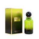 Green perfume bottle and packaging with 'Juhaina' branding on a white background