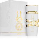 Yara perfume bottle with gold accents and packaging on a white background