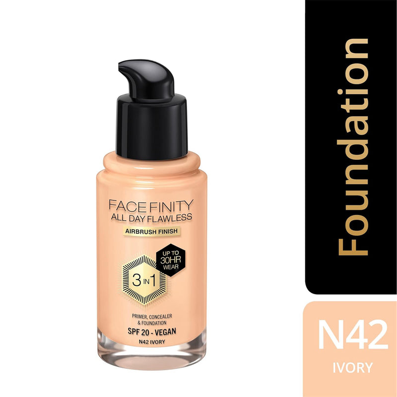 Max Factor Facefinity 3-in-1 All Day Flawless Liquid Foundation, SPF 20 - 42 Ivory-xpressionsstyle