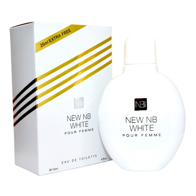 White perfume bottle and packaging with 'NEW NB WHITE' branding on a white background-XPRESSIONSSTYLE