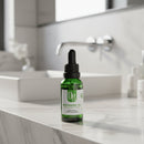 Bottle of skincare serum with dropper on a white background