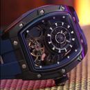A luxury skeleton watch with a black case, blue strap, and visible internal gears, resting on a woven mat with a warm, blurred background.