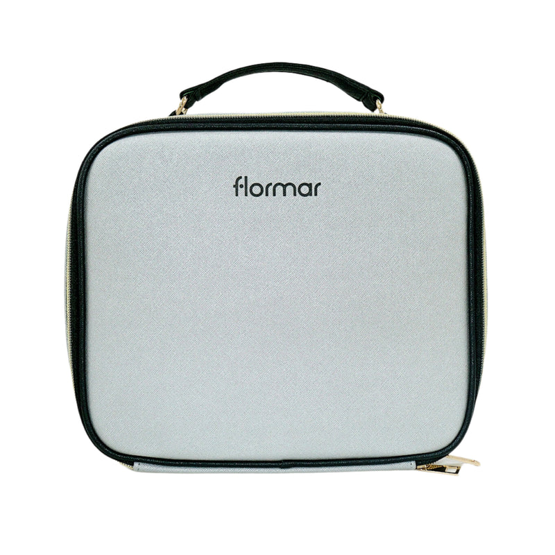 Gray cosmetic bag with 'flormar' branding on a white background