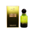 Green perfume bottle with black cap and gold packaging on a white background