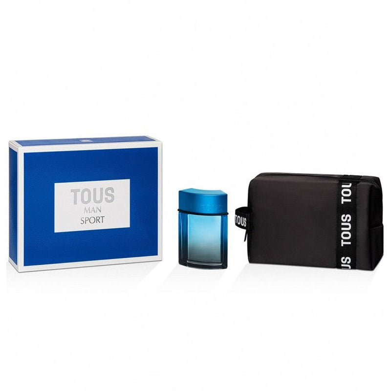 Tous men's perfume set with blue bottle, black pouch, and blue box on a white background