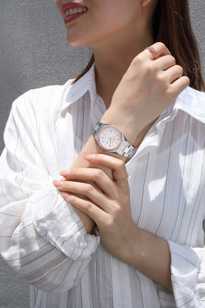 model wearing Blade Octa Shell Bejeweled Women's watch