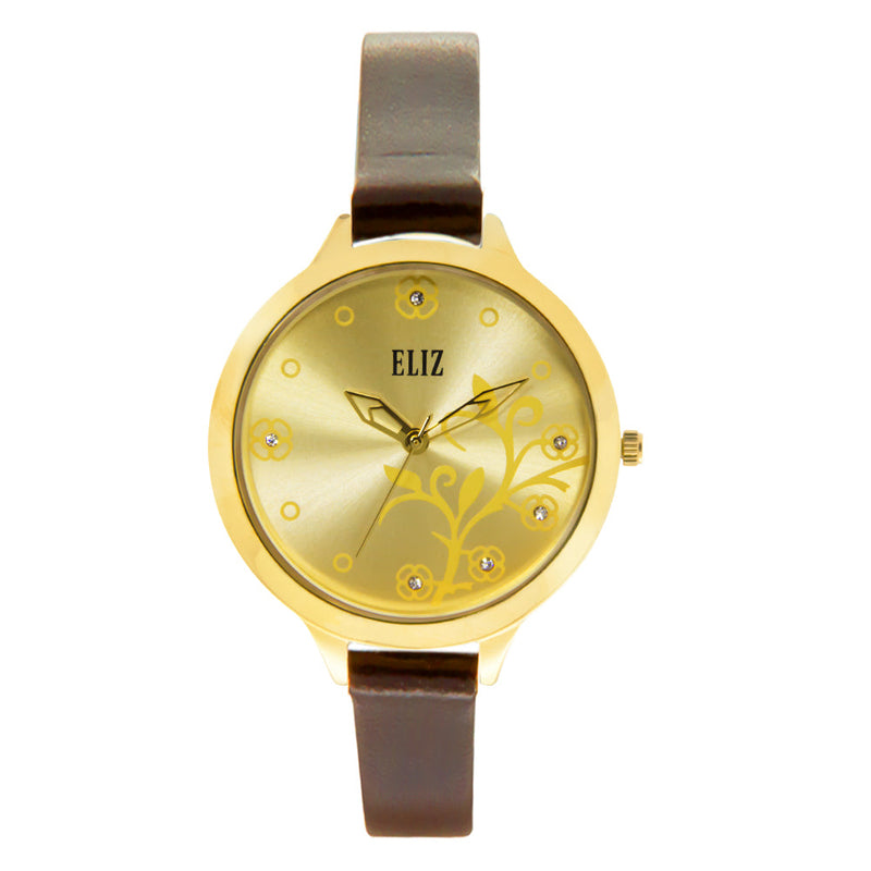 ELIZ ES8721L1GCO Gold Case Brown Leather Strap Women's Watch